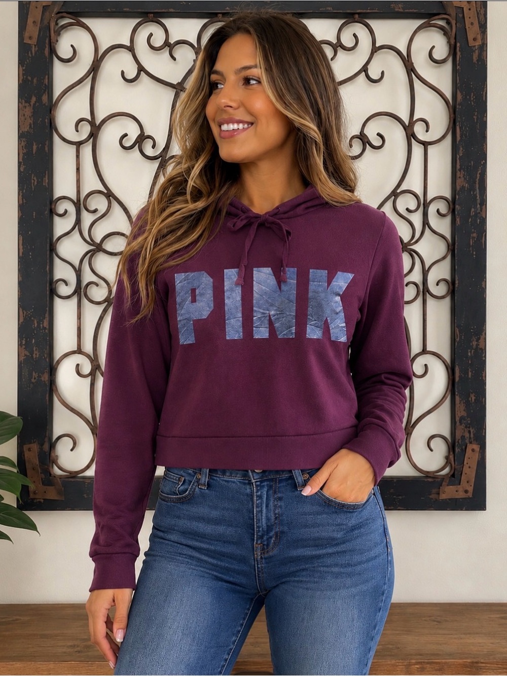 Pink Victoria’s Secret long sleeve pullover dark maroon drawstring hoodie